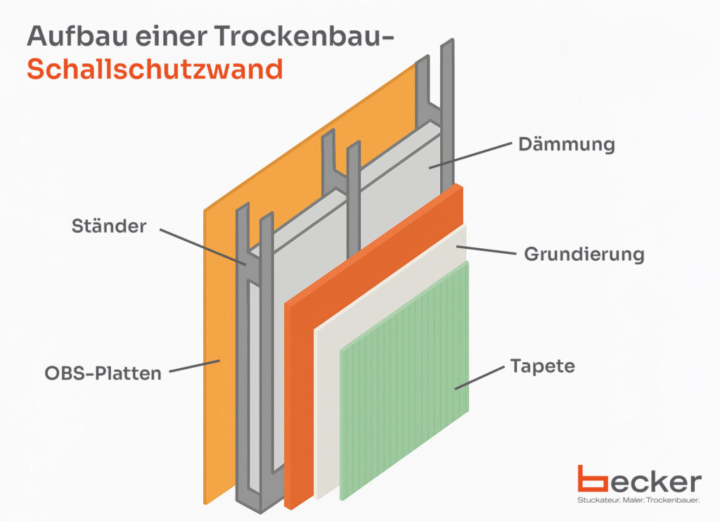 Infografik: Aufbau einer Trockenbau-Schallschutzwand. Mit Ständer, OBS-Platten, Dämmung, Grundierung und Tapete.
