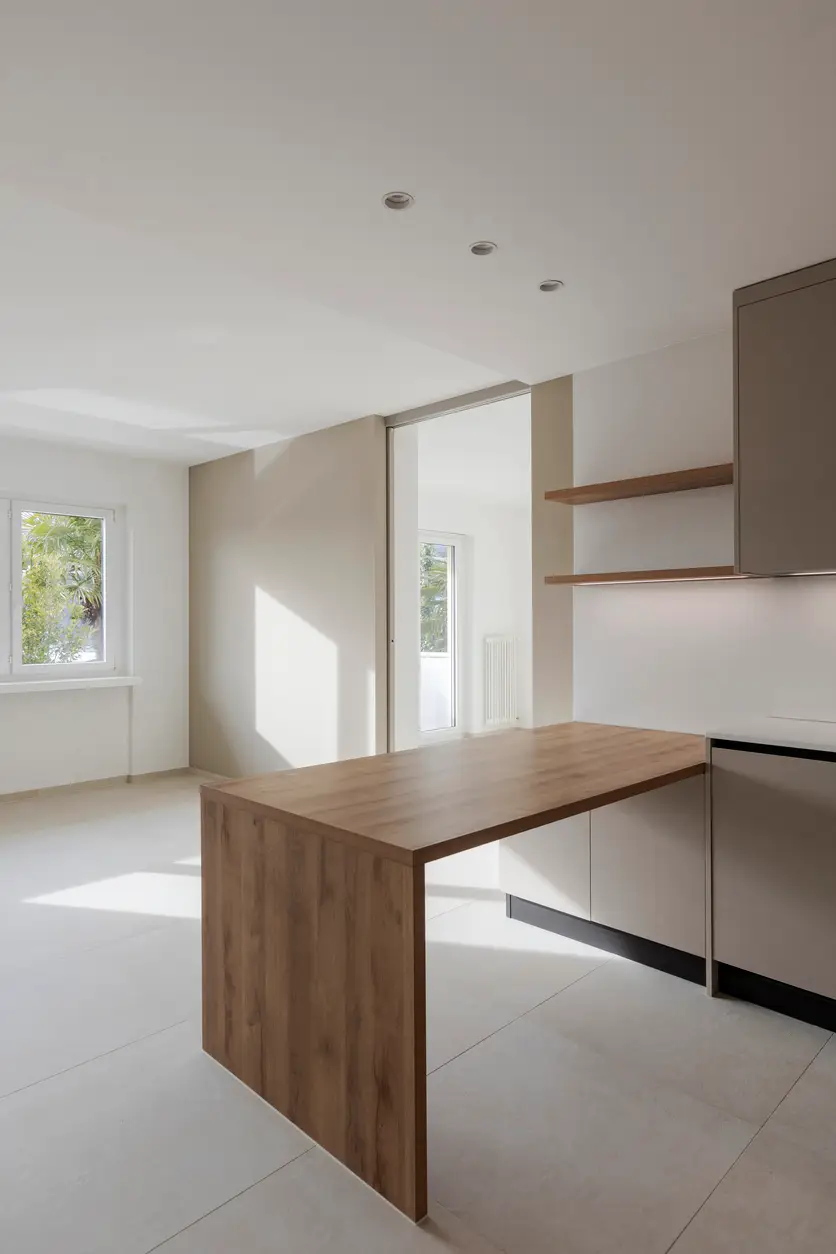 Wooden kitchen table attached to the wall. Behind asi sees an open door with a beam of light coming in through a window from the back.