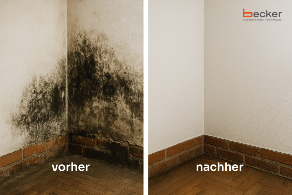 Vorher-Nachher-Vergleich einer von Schimmel befallenen Altbauwand in Bonn: links stark verschimmelte und feuchte Wand, rechts frisch saniert, trocken und sauber gestrichen.“