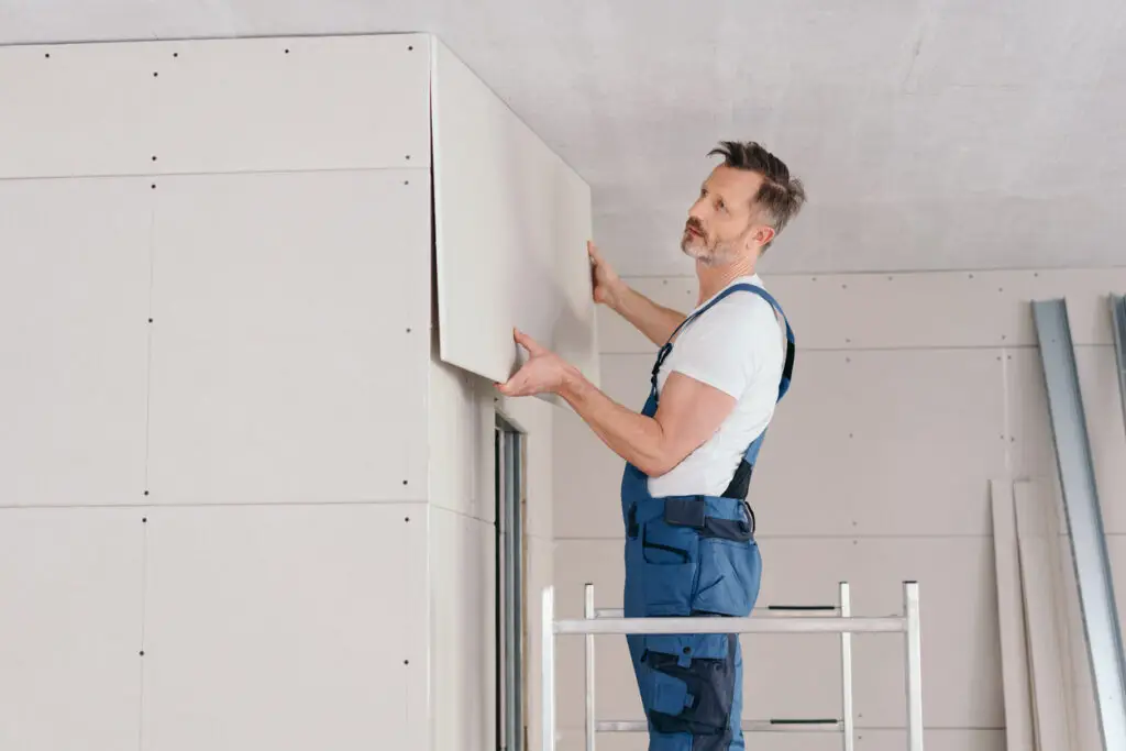 Handwerker steht auf einem niedrigen Metallgerüst und montiert Wandverkleidung im Innenraum eines Neubaus – fachgerechter Innenausbau durch Stuck Becker in Bonn.