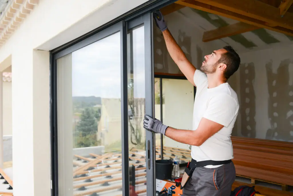 Junger Handwerker beim Einbau eines großen Erkerfensters auf einer Baustelle – fachgerechte Fensterinstallation im Neubau durch Stuck Becker in Bonn.